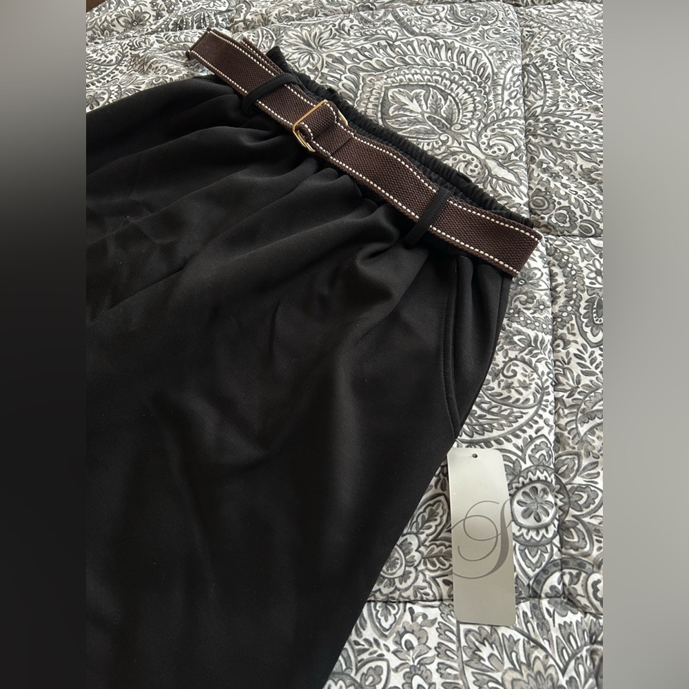 Sweetissima Italian Black Work Pants Belted Stretch Waist Tailored Trousers NWT - Picture 2 of 4